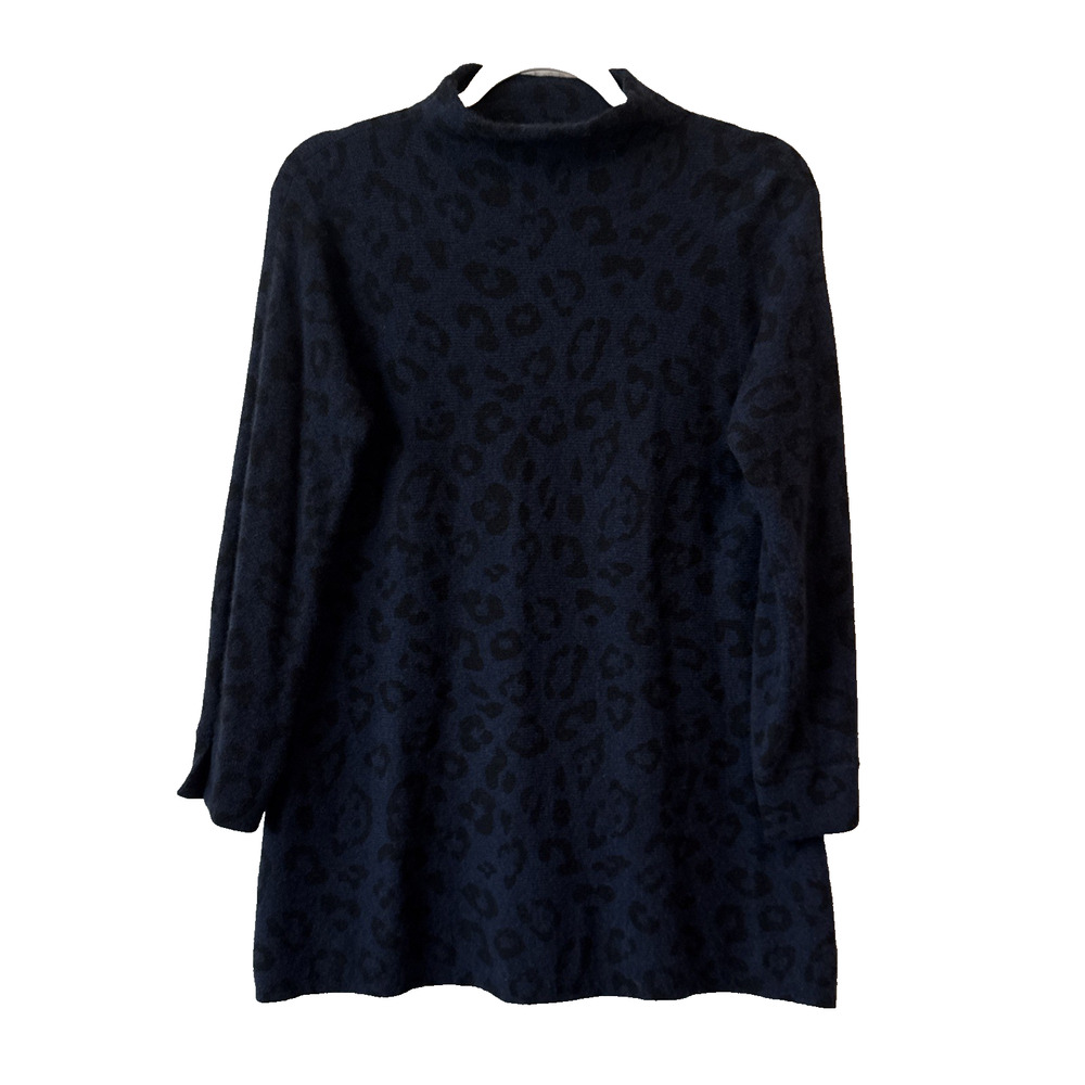 Kinross Womens M 100% Cashmere Mock Neck Tunic Sweater Blue Leopard Quiet Luxury